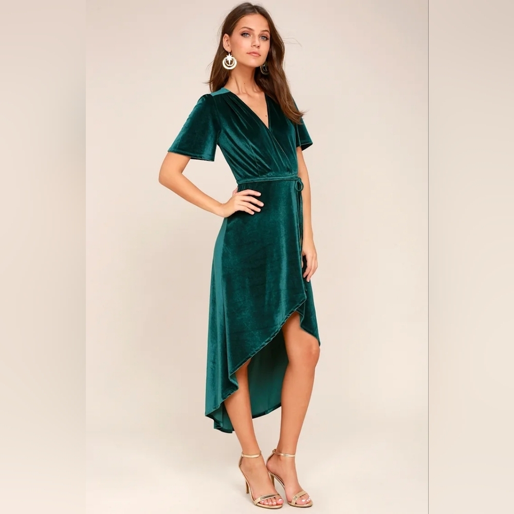 Lulus Amour Teal Green Velvet High-Low Wrap Dress - Picture 2 of 11